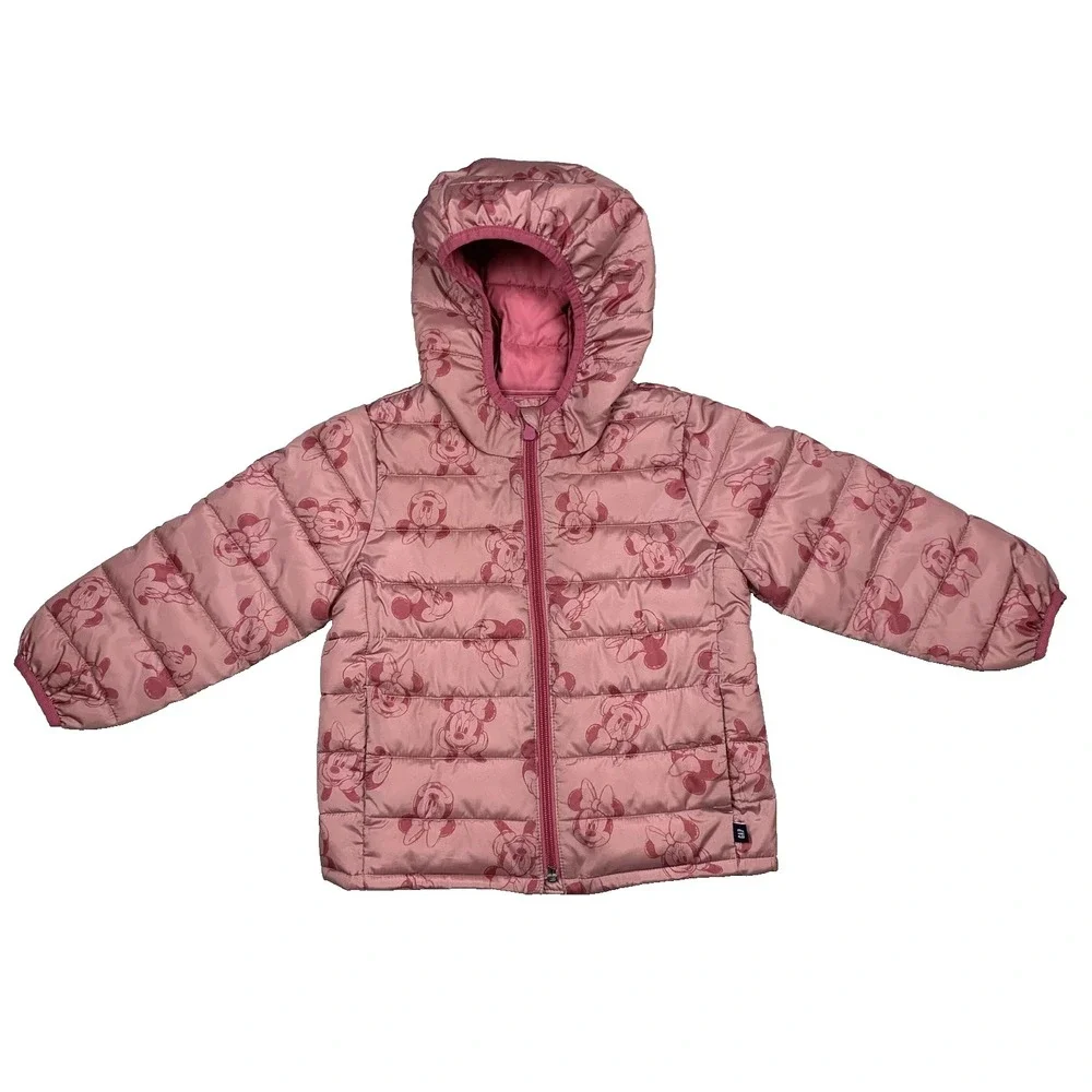 Gap Disney Puffer Jacket Girls 4 Pink Minnie Mouse Hooded‎ Lightweight Coat